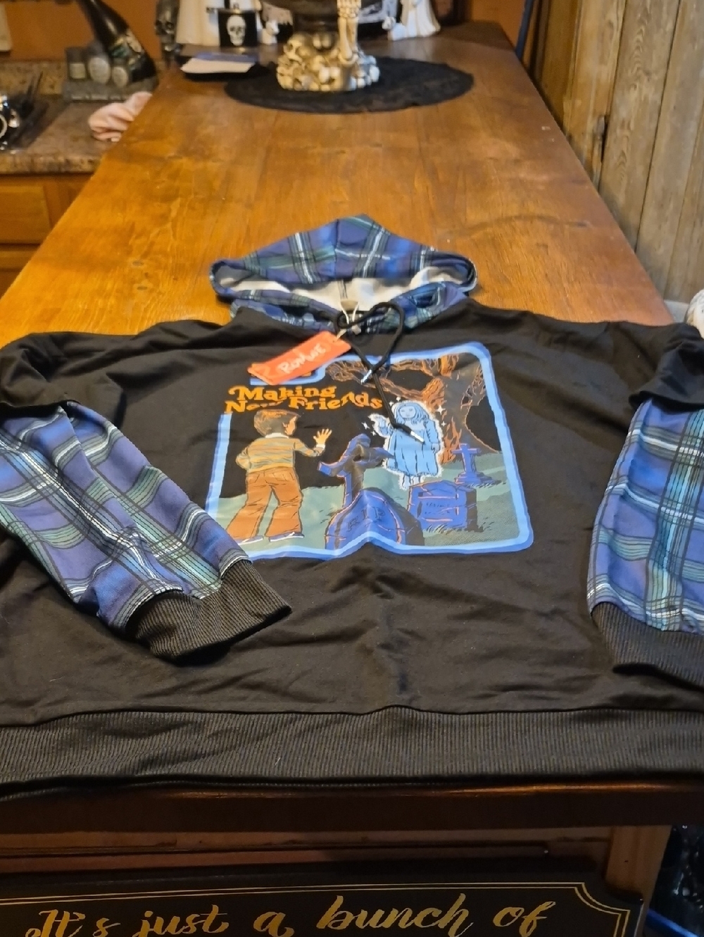 ROMWE Black Hoodie with Blue Plaid Trim